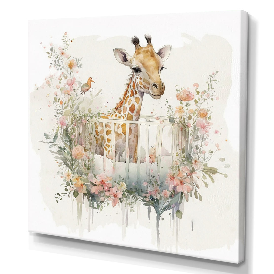Giraffe In Crib With Flowers - Giraffe Canvas Wall Art