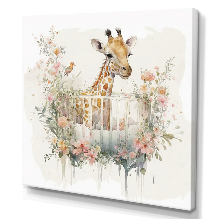 Giraffe In Crib With Flowers - Giraffe Canvas Wall Art