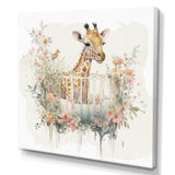 Giraffe In Crib With Flowers - Giraffe Canvas Wall Art