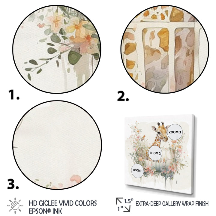 Giraffe In Crib With Flowers - Giraffe Canvas Wall Art