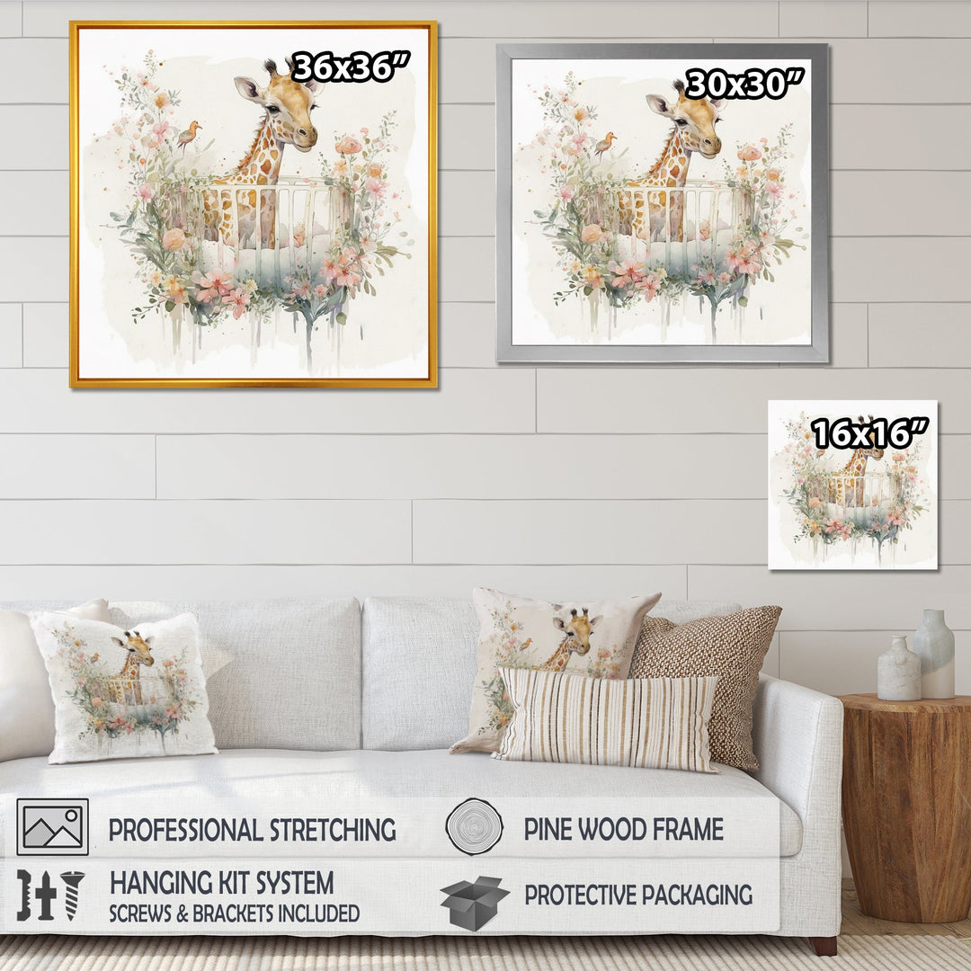 Giraffe In Crib With Flowers - Giraffe Canvas Wall Art