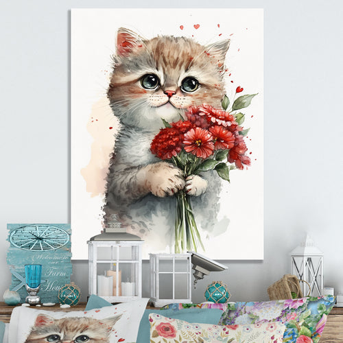 Cat Love Holding Flowers - Brown Cat Wall Art