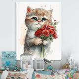 Cat Love Holding Flowers - Brown Cat Wall Art