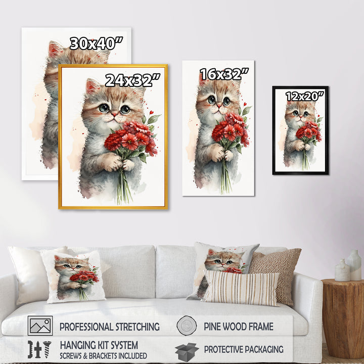Cat Love Holding Flowers - Brown Cat Wall Art