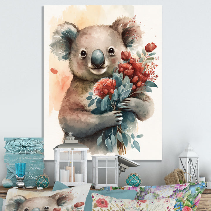 Koala Bear Love Holding Flowers - Koala Framed Canvas Art