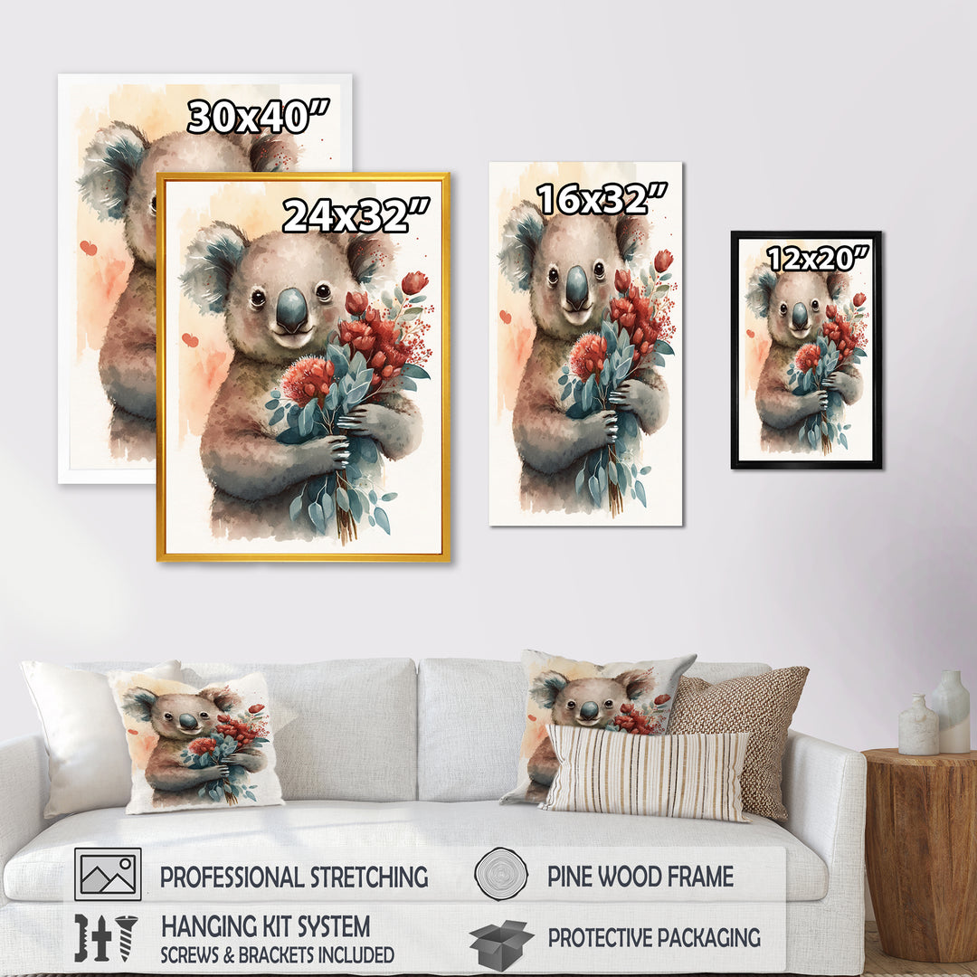 Koala Bear Love Holding Flowers - Koala Framed Canvas Art