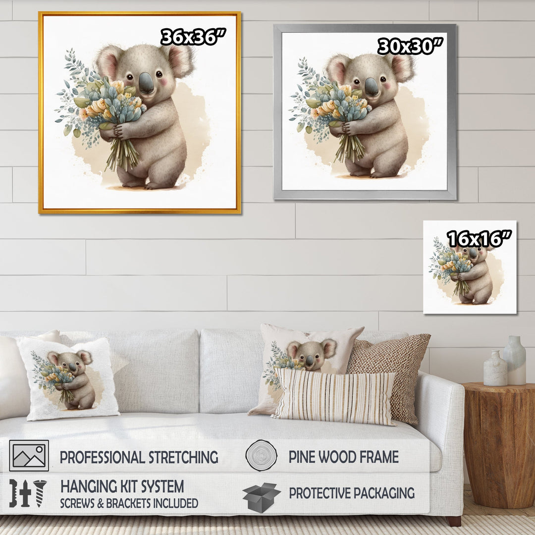 Koala Bear Holding Flowers - Koala Large Canvas Wall Art