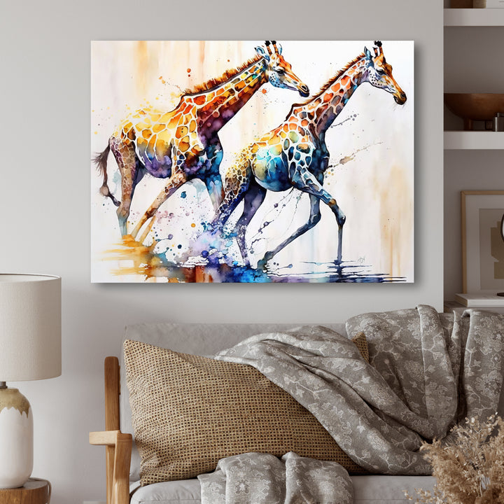 Giraffes Running - Giraffe Framed Canvas Art