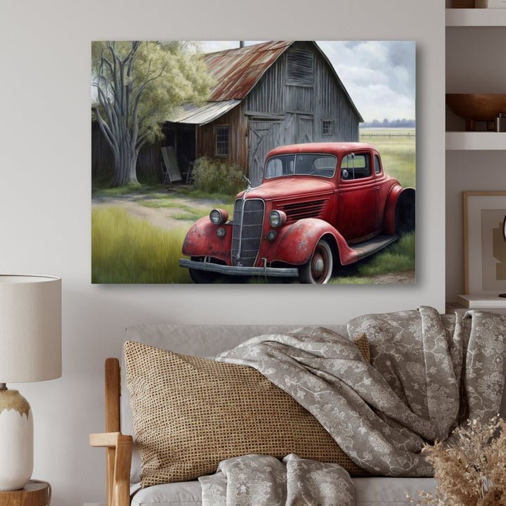 Red Car By Barn - Car Old American Canvas Wall Art