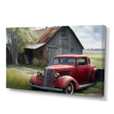 Red Car By Barn - Car Old American Canvas Wall Art