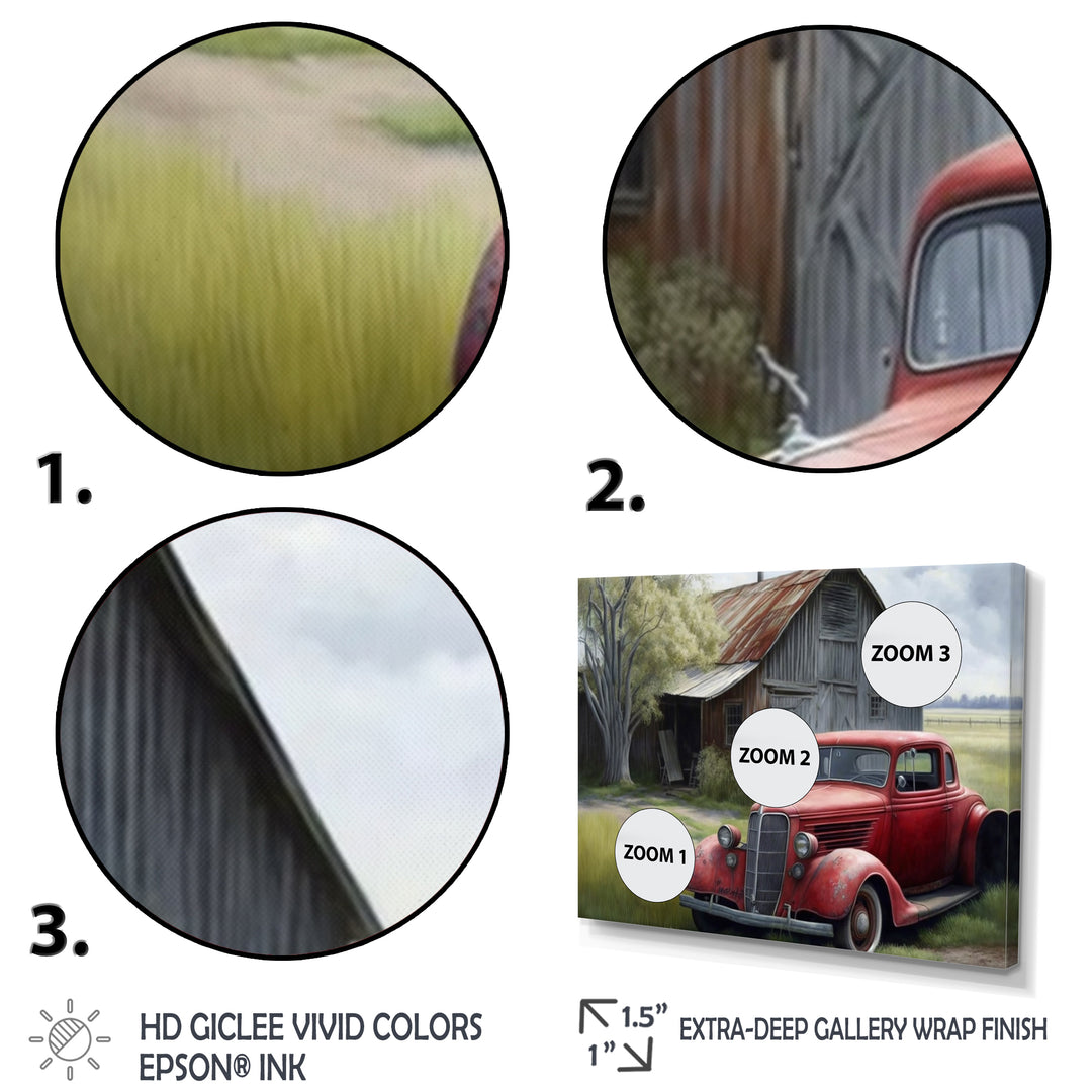 Red Car By Barn - Car Old American Canvas Wall Art