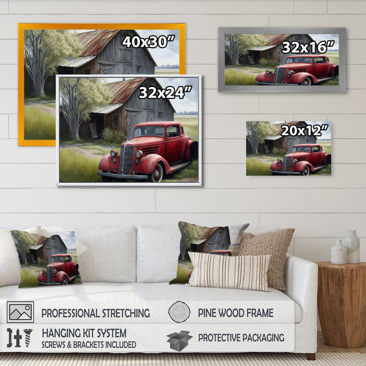 Red Car By Barn - Car Old American Canvas Wall Art