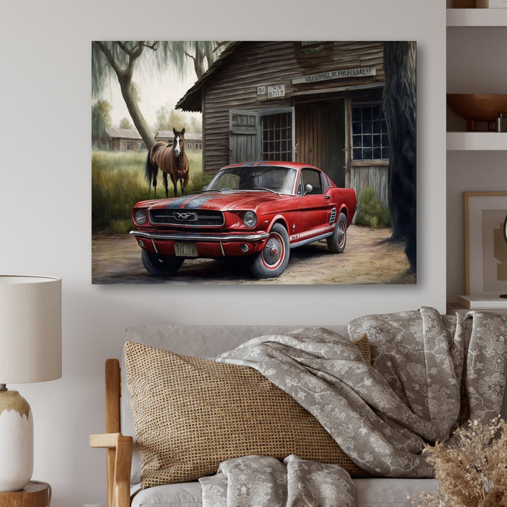 Red Muscle Car On A Ranch - Cars American Muscle Canvas Wall Art