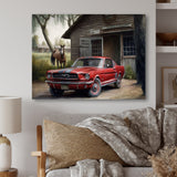 Red Muscle Car On A Ranch - Cars American Muscle Canvas Wall Art