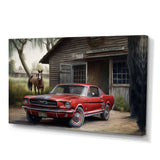 Red Muscle Car On A Ranch - Cars American Muscle Canvas Wall Art