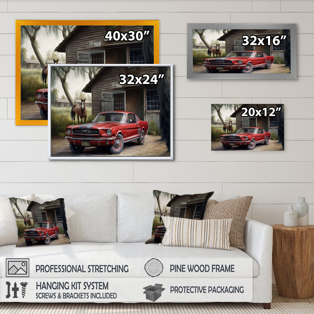 Red Muscle Car On A Ranch - Cars American Muscle Canvas Wall Art
