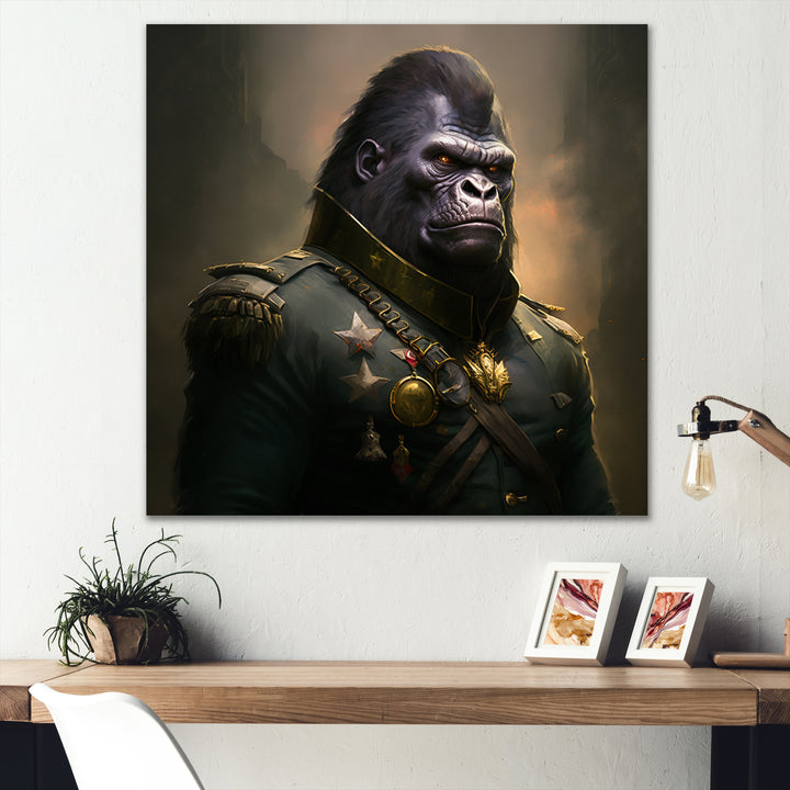 Gorilla In Military Uniform Portrait - Gorilla Canvas Wall Art