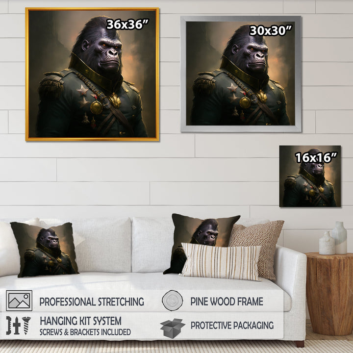 Gorilla In Military Uniform Portrait - Gorilla Canvas Wall Art