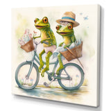 Green Frogs Riding A Bike - Frog Large Canvas Wall Art