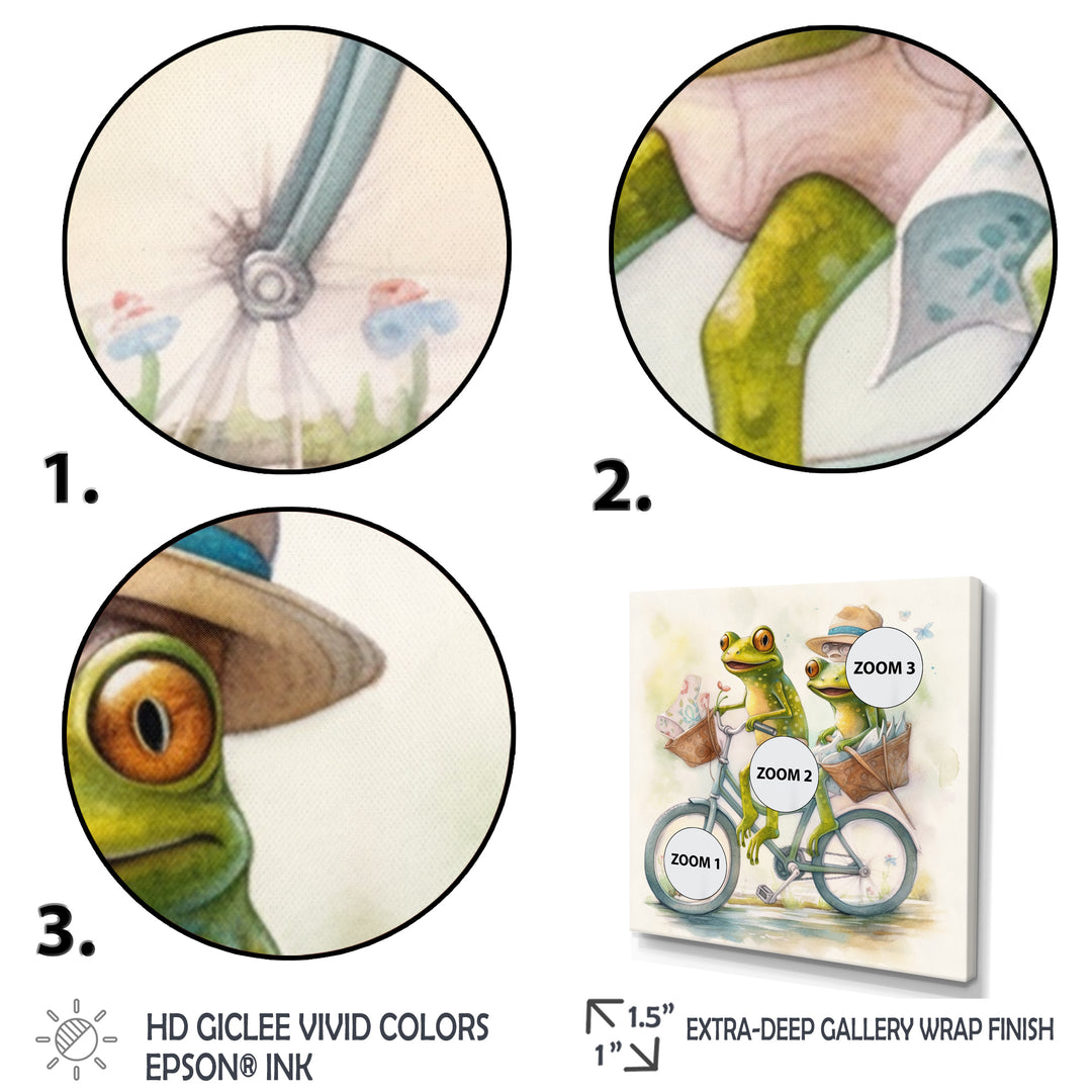 Green Frogs Riding A Bike - Frog Large Canvas Wall Art