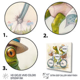 Green Frogs Riding A Bike - Frog Large Canvas Wall Art