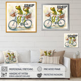 Green Frogs Riding A Bike - Frog Large Canvas Wall Art