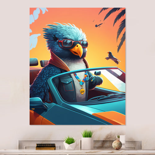 Blue Bird Wearing Sunglasses In Sportscar - Bird Fashion Home Decor Art