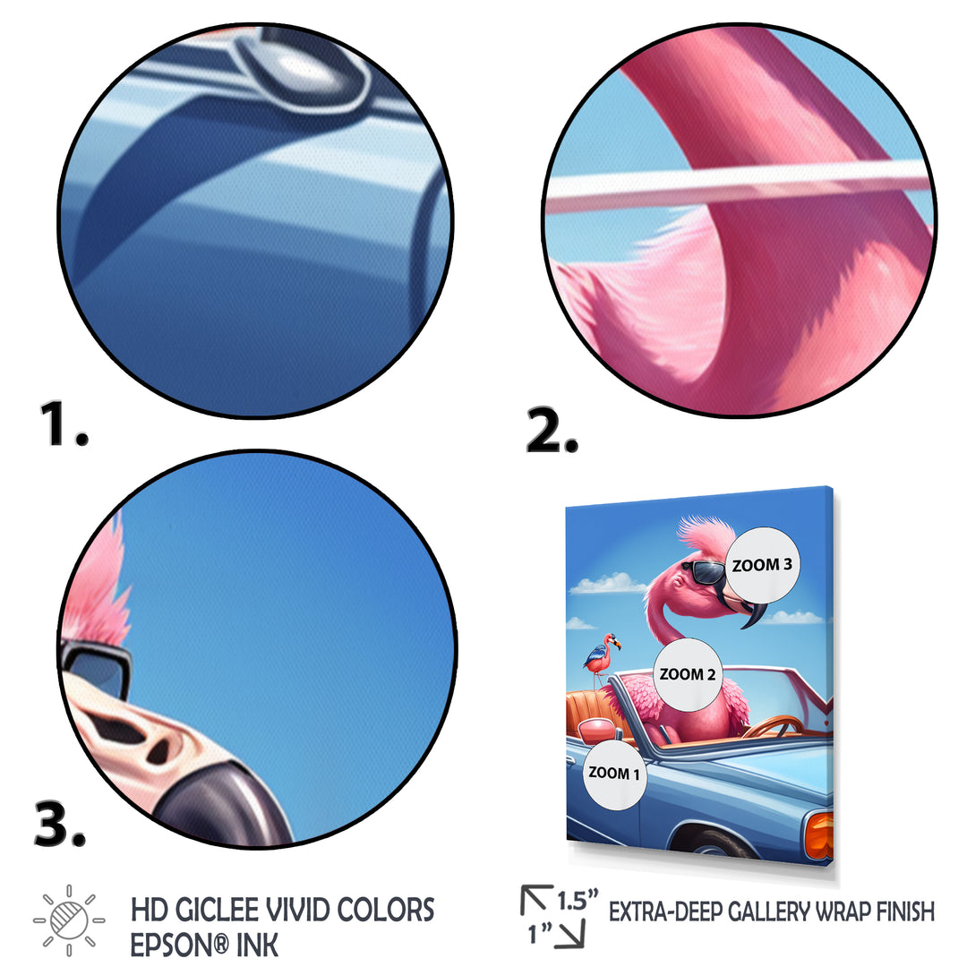 Pink Flamingo Wearing Sunglasses In Sportscar - Flamingo Canvas Wall Art
