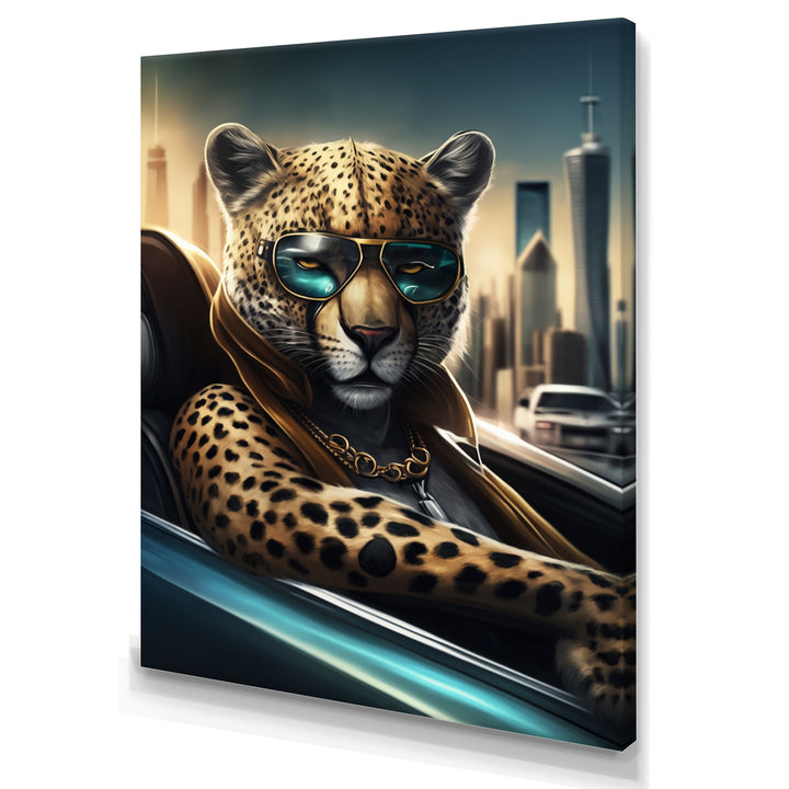 Yellow Leopard Wearing Sunglasses In Sportscar - Yellow Leopard Wall Art