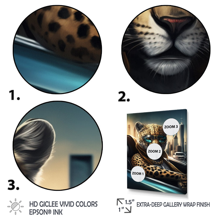 Yellow Leopard Wearing Sunglasses In Sportscar - Yellow Leopard Wall Art
