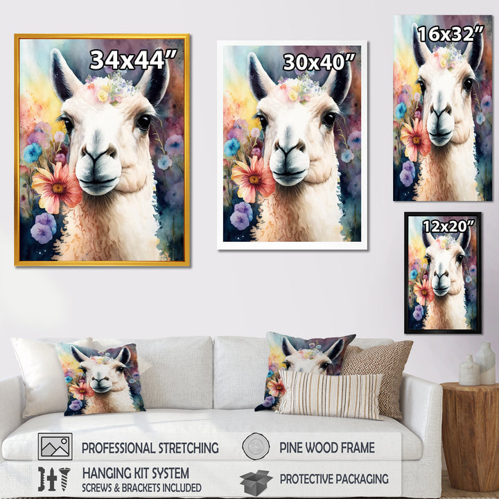 Portrait Llama Portrait With Flowers - Llama Living Room Wall Art