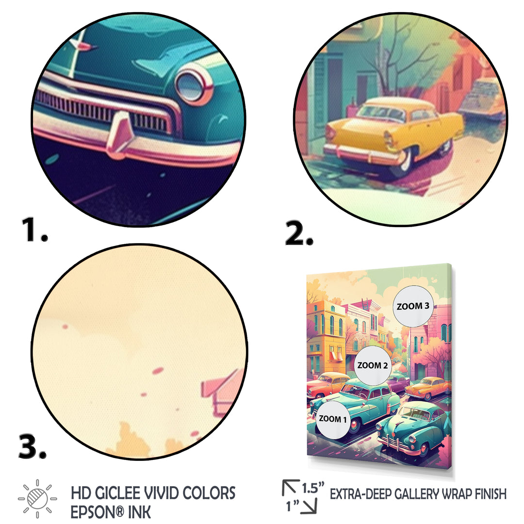 Green And Coral Retro Roadsters - Cars Retro Canvas Wall Art