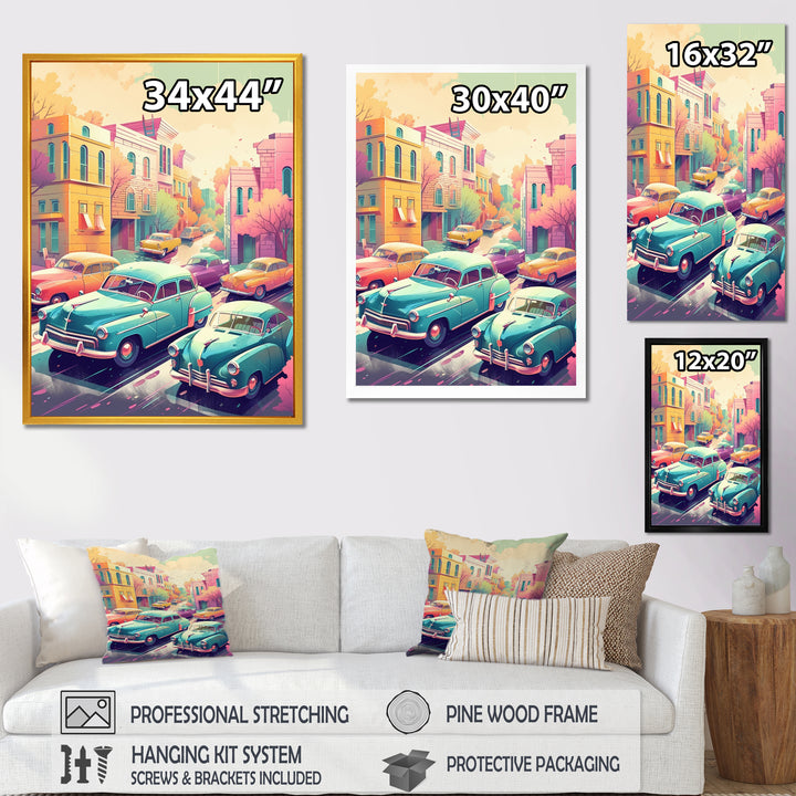 Green And Coral Retro Roadsters - Cars Retro Canvas Wall Art