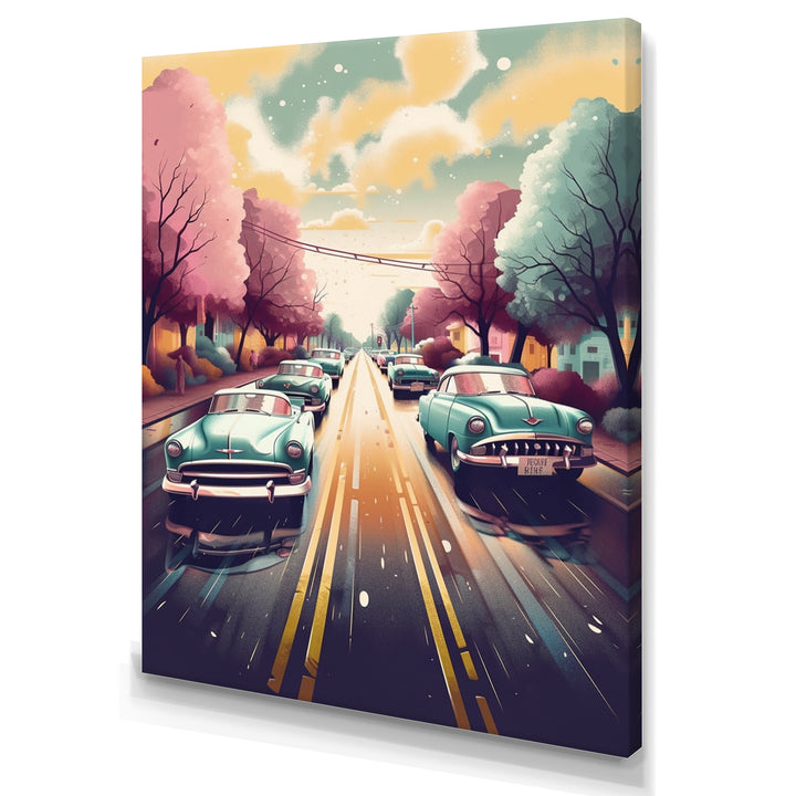 Green And Pink Retro Roadsters - Cars Retro Canvas Wall Art