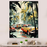 Yellow And Black Cars In Tropical Paradise - Cars Retro Canvas Wall Art
