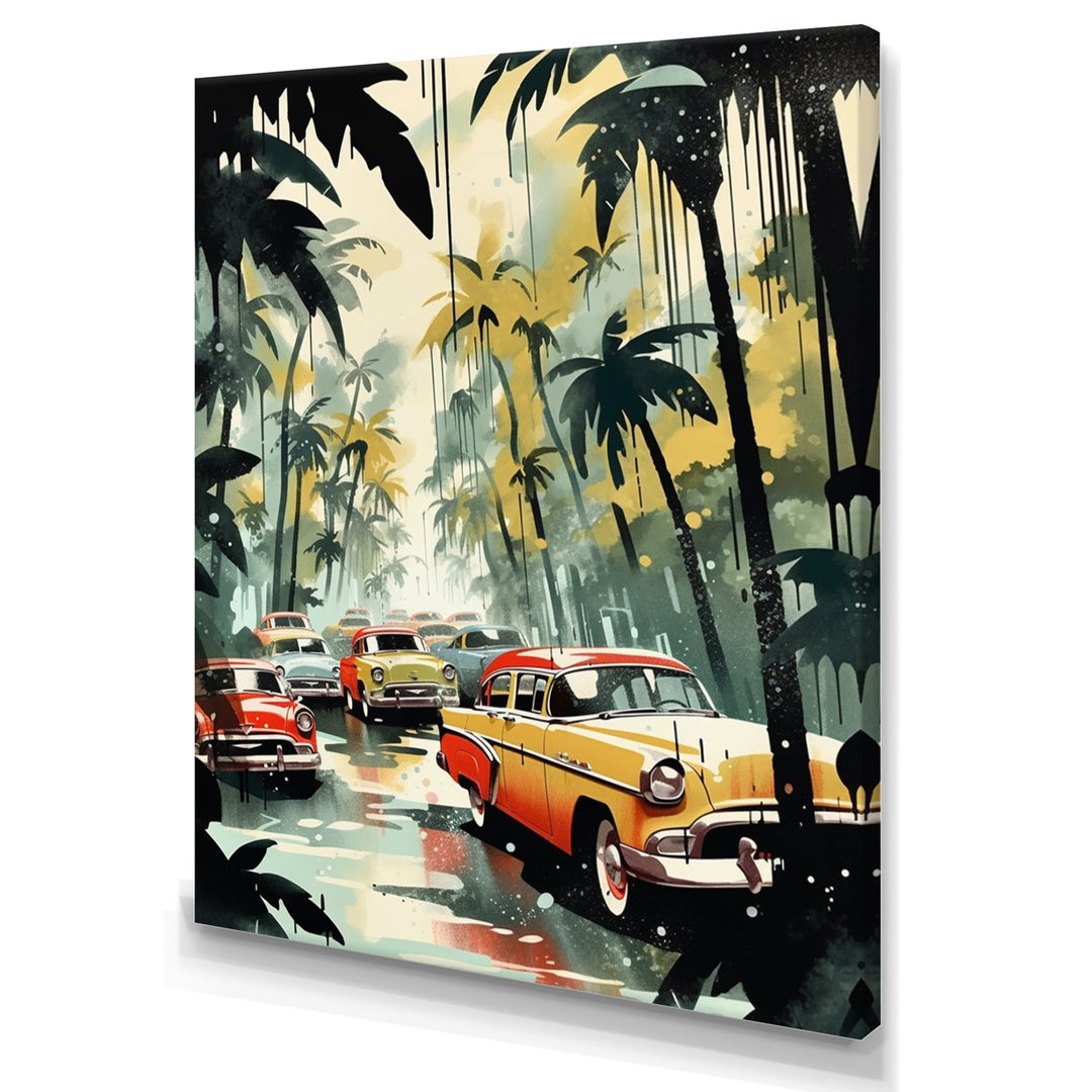Yellow And Black Cars In Tropical Paradise - Cars Retro Canvas Wall Art