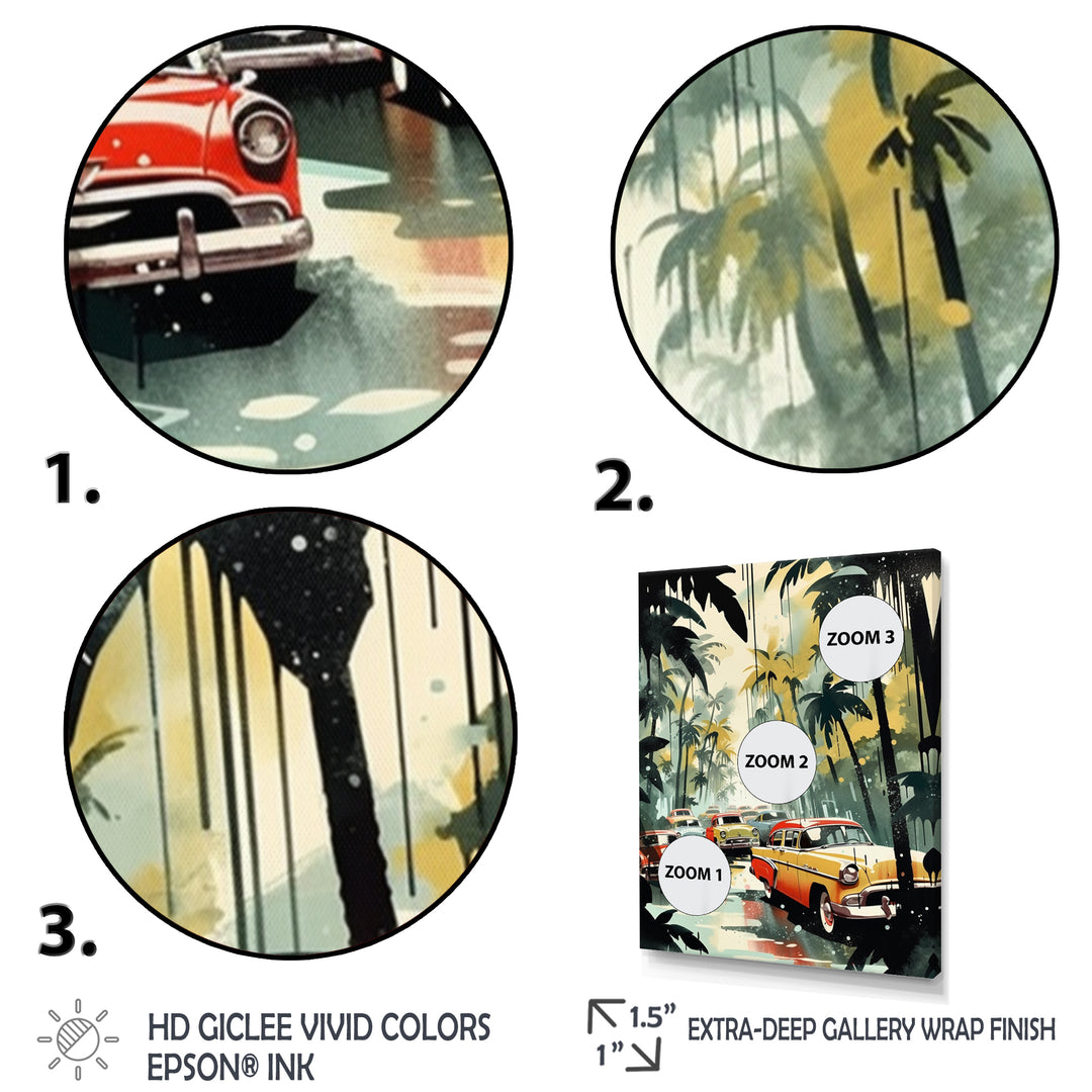 Yellow And Black Cars In Tropical Paradise - Cars Retro Canvas Wall Art