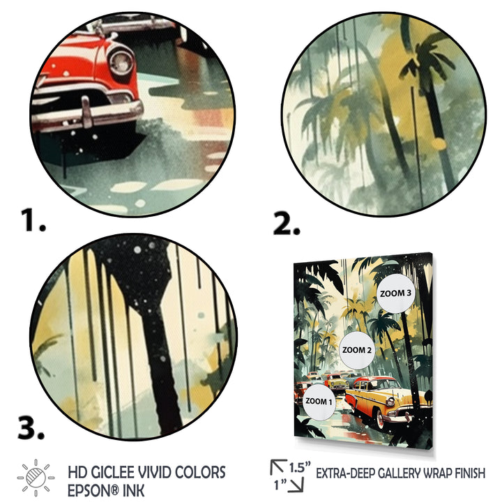 Yellow And Black Cars In Tropical Paradise - Cars Retro Canvas Wall Art