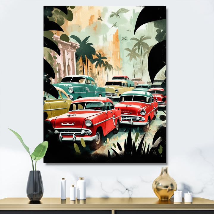 Red And Green Retro Cars In Tropical Paradise - Cars Retro Canvas Wall Art