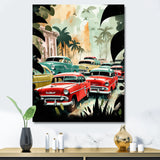 Red And Green Retro Cars In Tropical Paradise - Cars Retro Canvas Wall Art