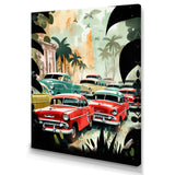 Red And Green Retro Cars In Tropical Paradise - Cars Retro Canvas Wall Art