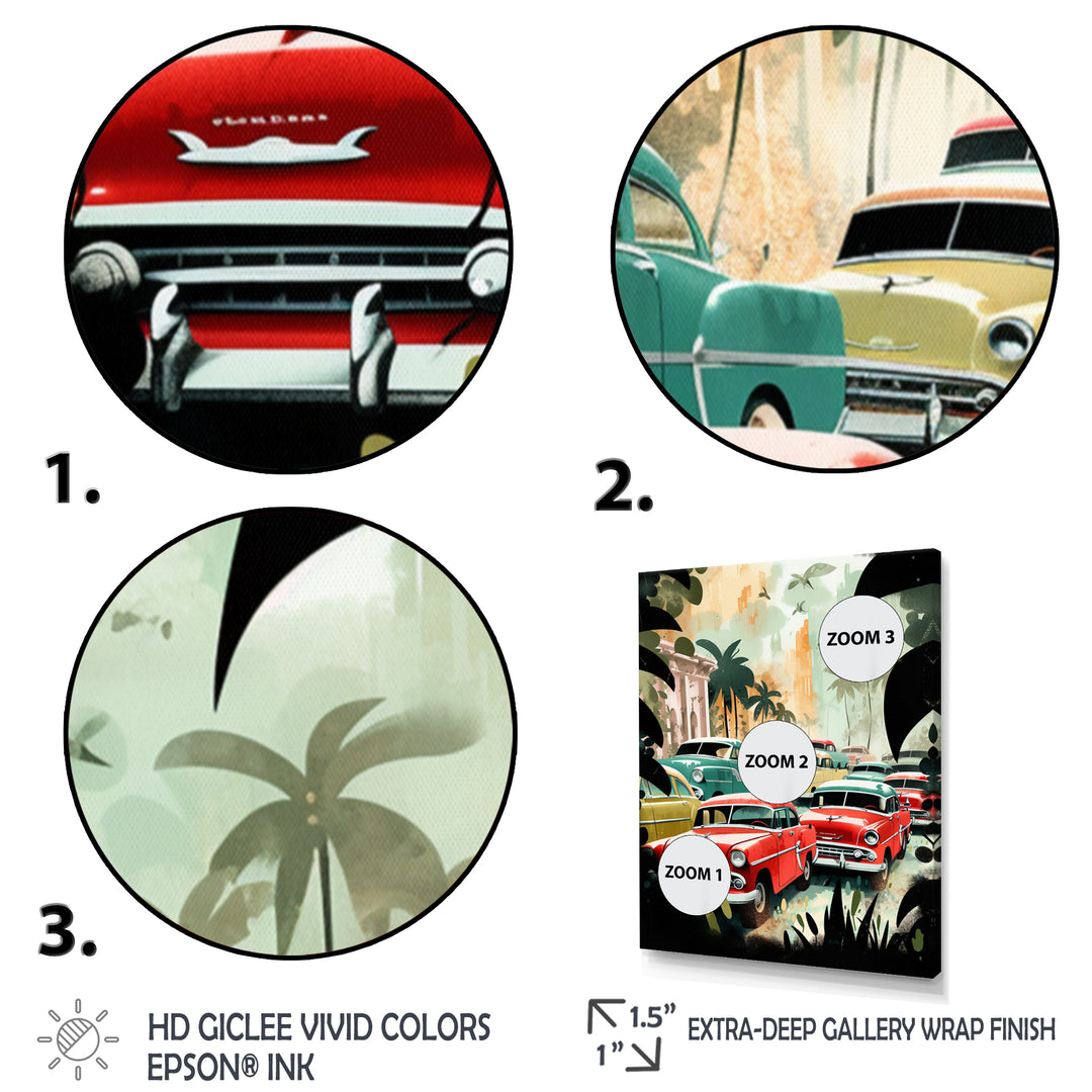 Red And Green Retro Cars In Tropical Paradise - Cars Retro Canvas Wall Art