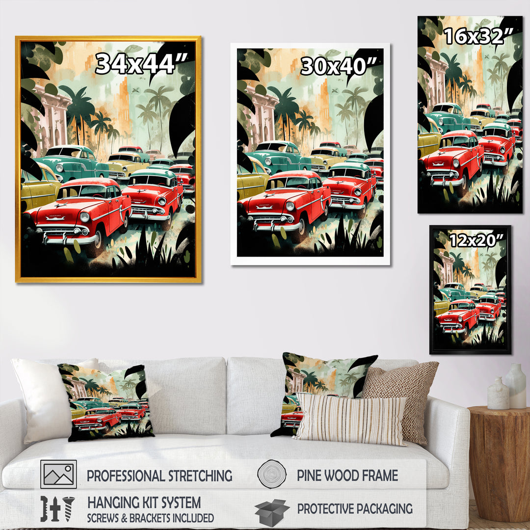 Red And Green Retro Cars In Tropical Paradise - Cars Retro Canvas Wall Art
