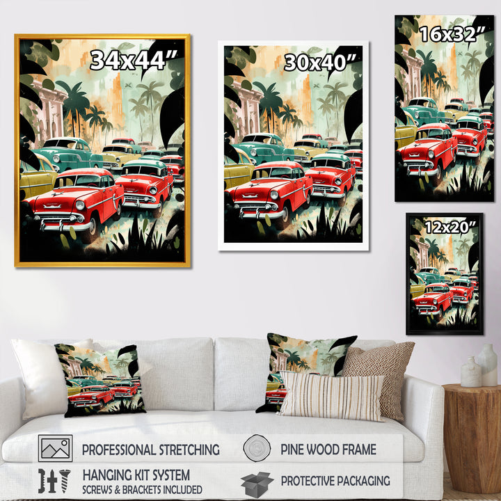 Red And Green Retro Cars In Tropical Paradise - Cars Retro Canvas Wall Art