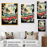 Red And Green Retro Cars In Tropical Paradise - Cars Retro Canvas Wall Art