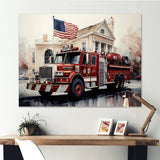 Fire Truck's Fiery Pursuit I - Transportation Fire Truck Canvas Wall Art