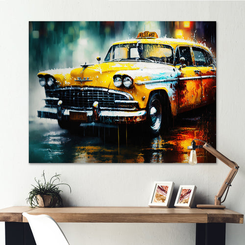 Taxi In The Rain` I - Cars Retro Canvas Wall Art