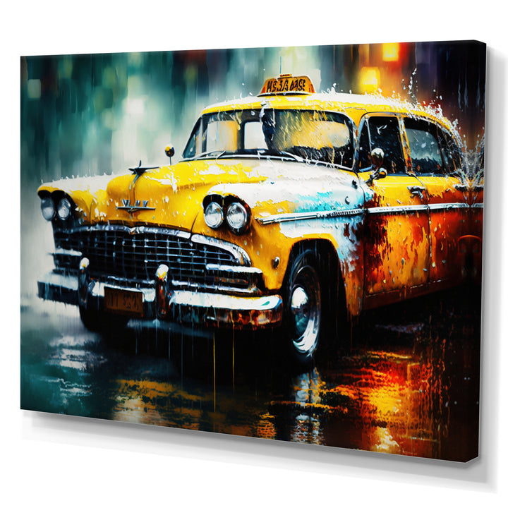 Taxi In The Rain` I - Cars Retro Canvas Wall Art