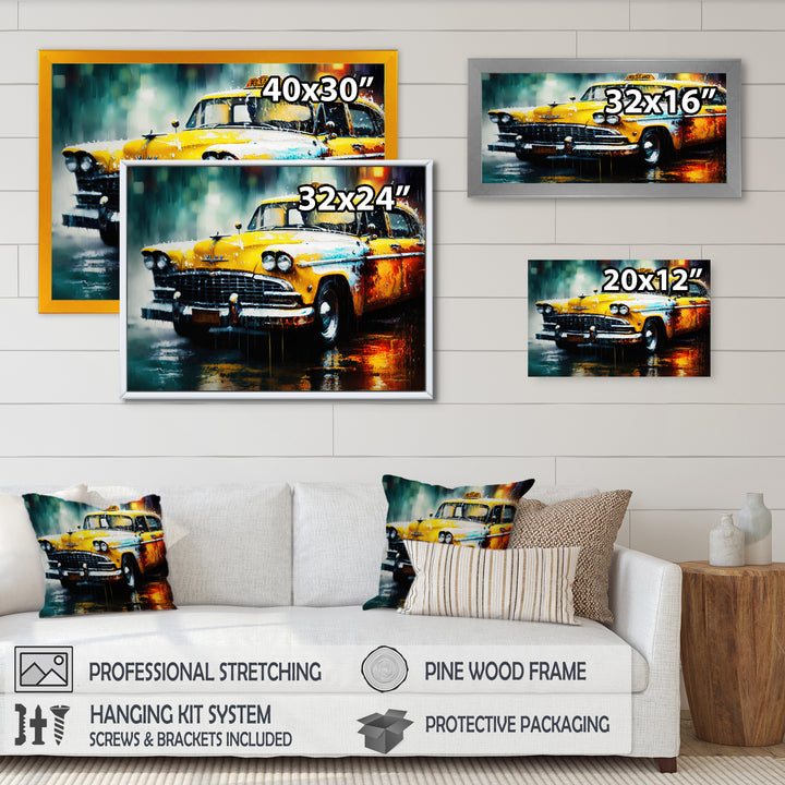Taxi In The Rain` I - Cars Retro Canvas Wall Art