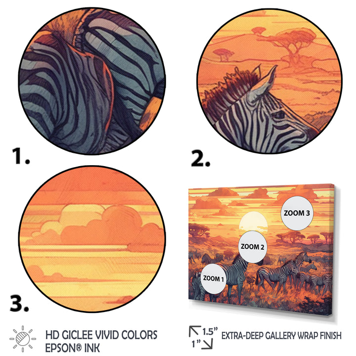 Orange African Safari With Zebras - Zebra Living Room Wall Art